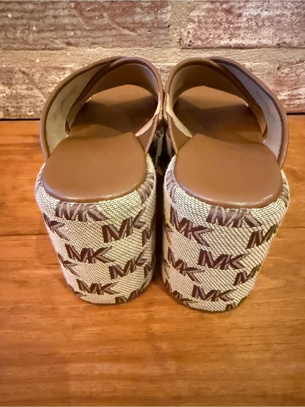 Michael Kors Tan/Brown MK Logo Platform Wedge Slides